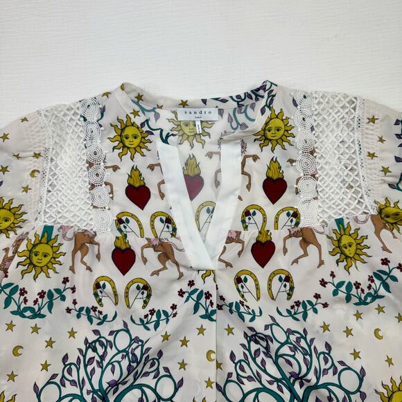 Sandro Azucar Print Blouse Chiffon Off White Cream Women’s 1 (Small) Celestial - Picture 12 of 16